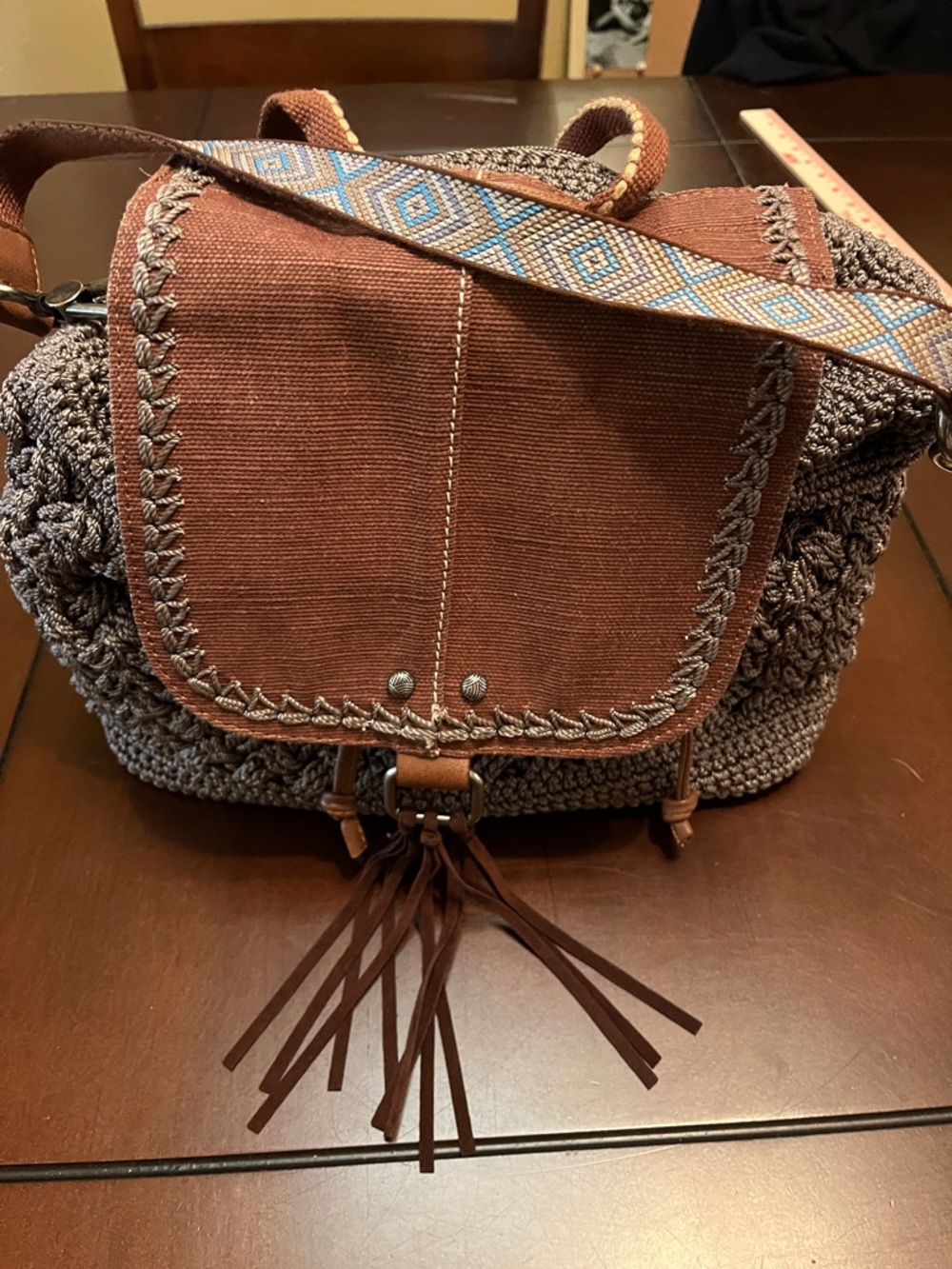 The Sak Brown and Gray Crochet Woven backpack purse with Tassel Strap - Picture 2 of 15